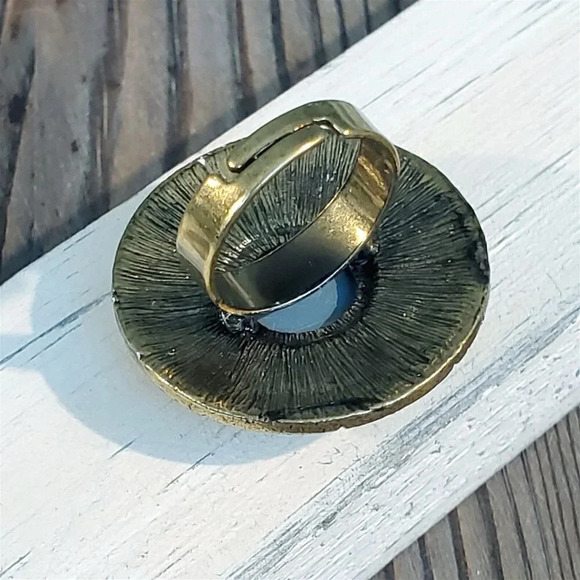 Y2K Bronze Clear Faceted Crystal Round Greek Key Cocktail Ring Vintage Grunge - Picture 8 of 9